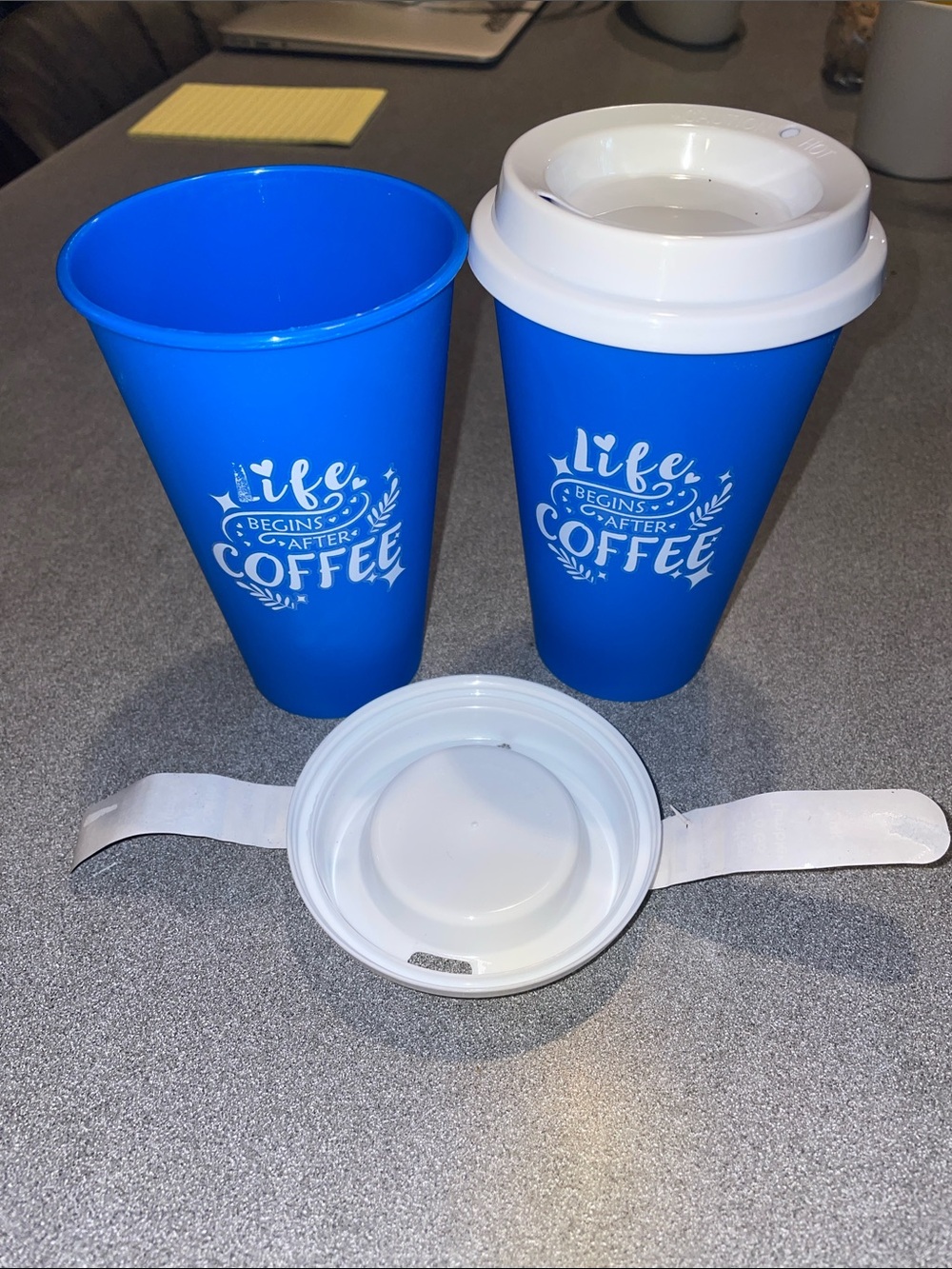 Blue Reusable Coffee Cups with White Lids - Life Begins After Coffee